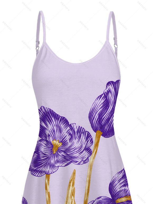 Vacation Dress Hand‑Drawn Iris Floral Print Spaghetti Strap A Line Mdi Dress - Violet clair XXXXXL | US 20