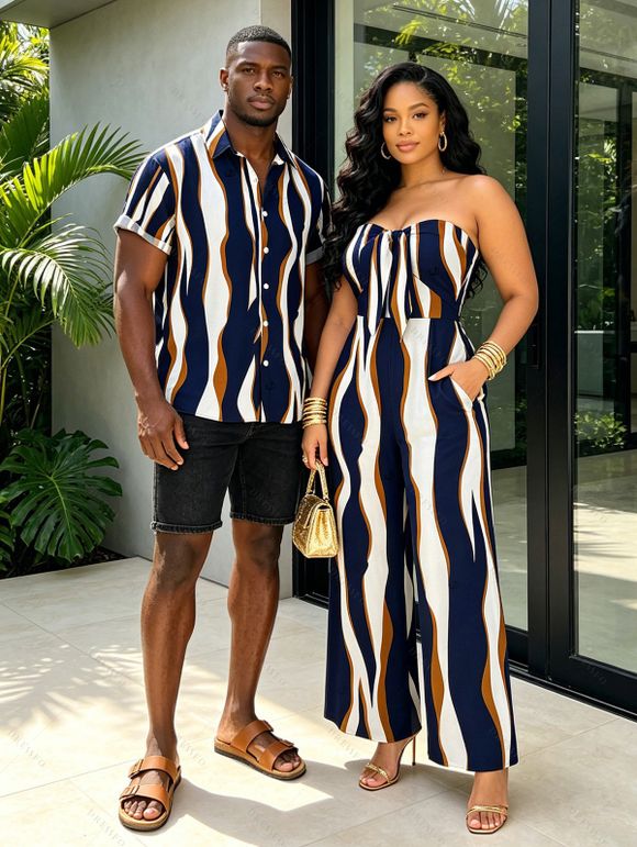 Vacation Couple Outfit Colorblock Abstract Wavy Stripe Print Tied Pocket Off the Shoulder Jumpsuit and Shirt Set - Cadetblue S | US 4