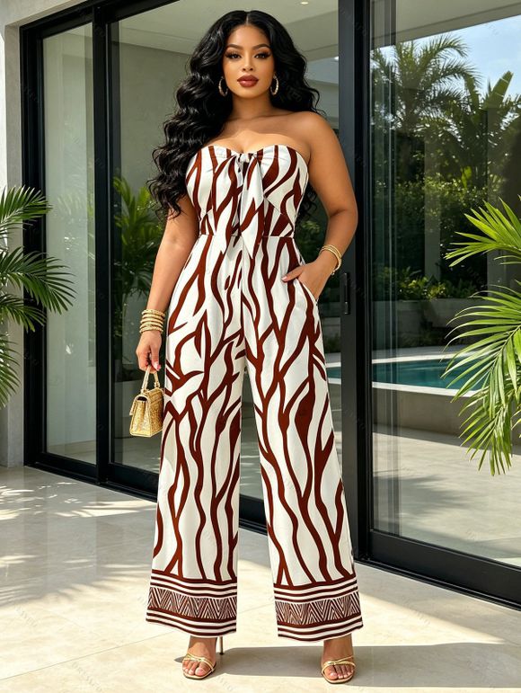 Vacation Couple Outfit Colorblock Ethnic Geometric Wavy Zebra Print Tied Pocket Off the Shoulder Jumpsuit and Shirt Set - Blanc S | US 4