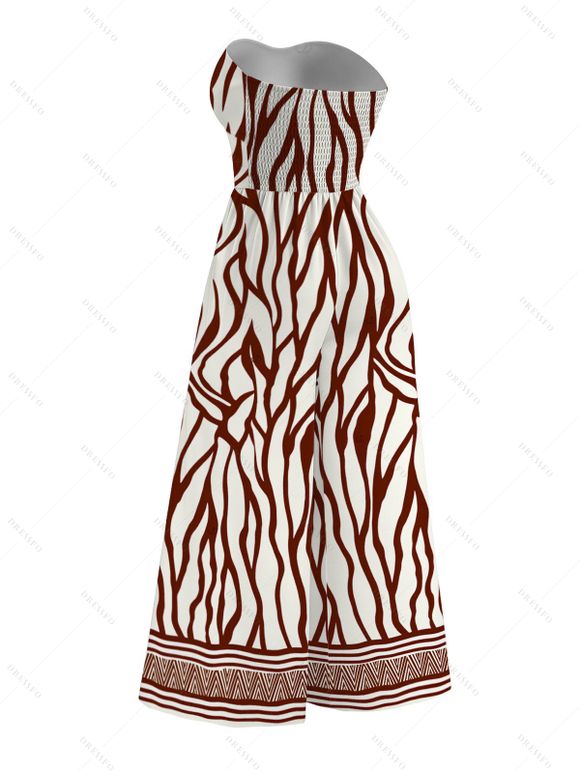 Vacation Couple Outfit Colorblock Ethnic Geometric Wavy Zebra Print Tied Pocket Off the Shoulder Jumpsuit and Shirt Set - Blanc S | US 4