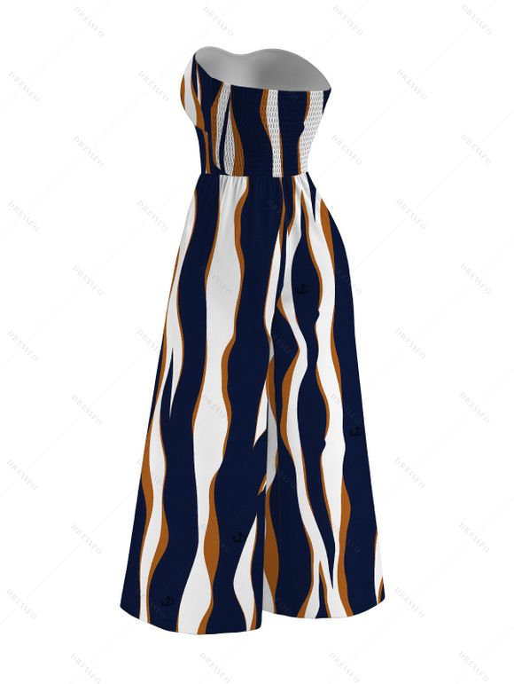 Vacation Couple Outfit Colorblock Abstract Wavy Stripe Print Tied Pocket Off the Shoulder Jumpsuit and Shirt Set - Cadetblue S | US 4