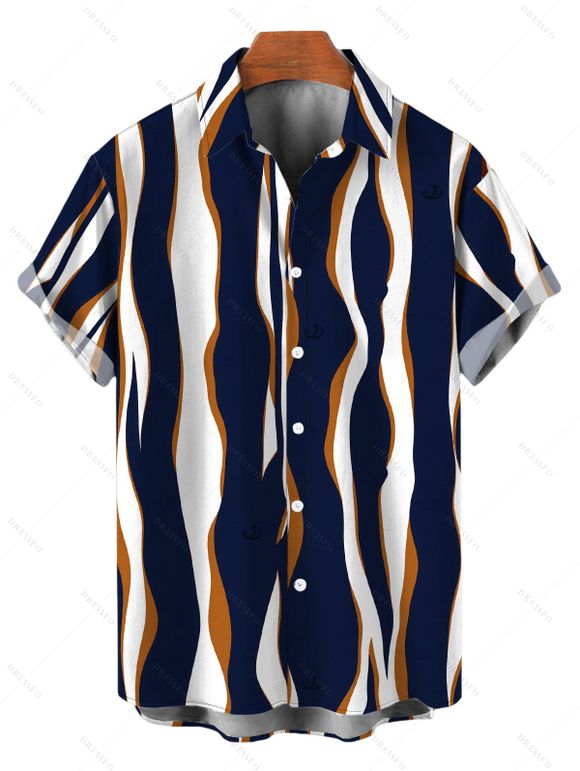 Vacation Couple Outfit Colorblock Abstract Wavy Stripe Print Tied Pocket Off the Shoulder Jumpsuit and Shirt Set - Cadetblue S | US 4