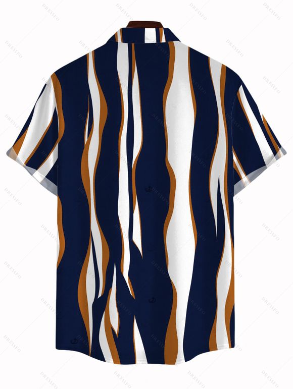 Vacation Couple Outfit Colorblock Abstract Wavy Stripe Print Tied Pocket Off the Shoulder Jumpsuit and Shirt Set - Cadetblue S | US 4