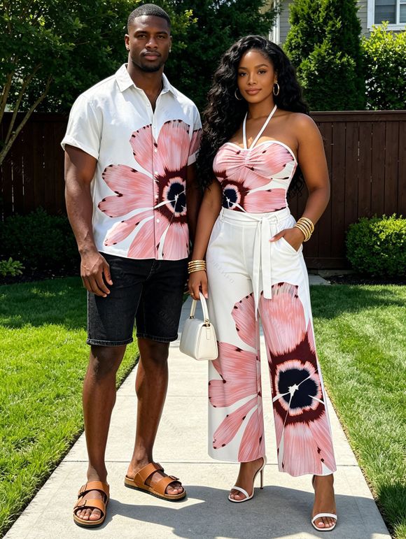 Vacation Couple Outfit Watercolor Anemone Floral Print Cinched Cropped Halter Tank Top Pocket Belt Wide Leg Pants and Shirt Set - Blanc S | US 4
