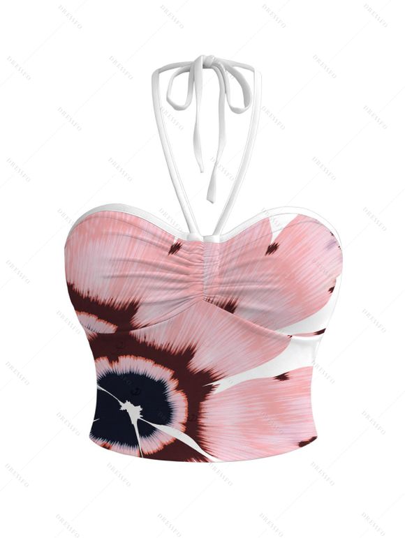 Vacation Couple Outfit Watercolor Anemone Floral Print Cinched Cropped Halter Tank Top Pocket Belt Wide Leg Pants and Shirt Set - Blanc S | US 4