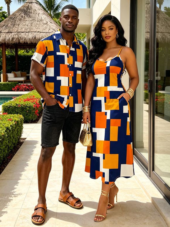 Vacation Couple Outfit Colorblock Geometric Print Spaghetti Strap A Line Mdi Dress and Shirt Set - multicolor A S | US 4