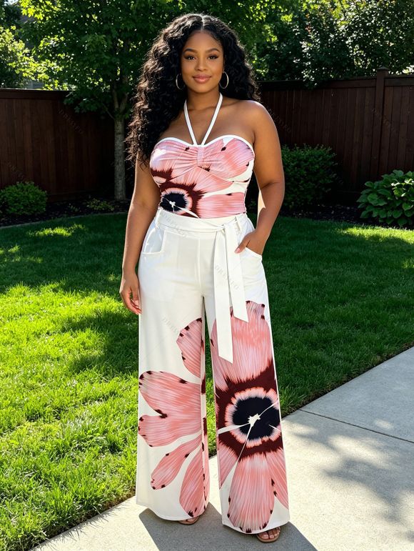 Vacation Couple Outfit Watercolor Anemone Floral Print Cinched Cropped Halter Tank Top Pocket Belt Wide Leg Pants and Shirt Set - Blanc S | US 4