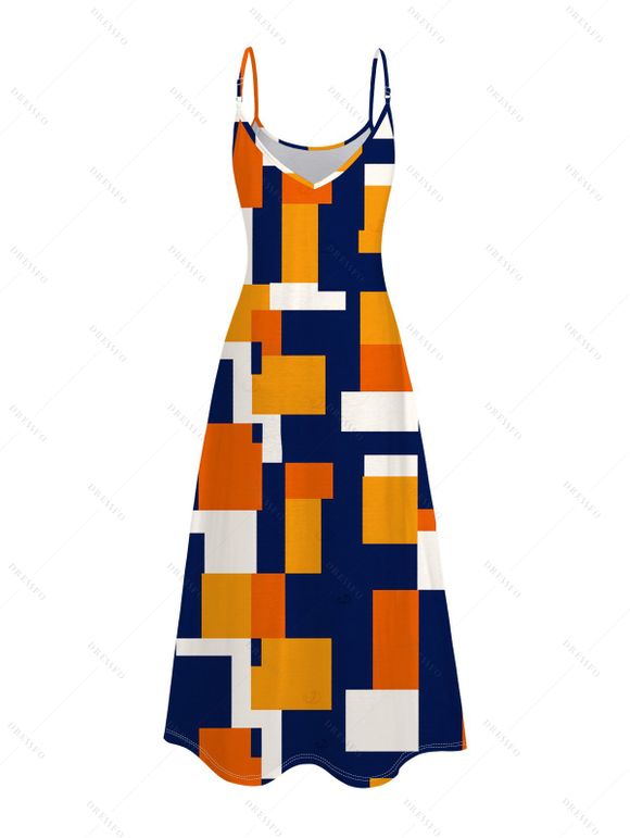 Vacation Couple Outfit Colorblock Geometric Print Spaghetti Strap A Line Mdi Dress and Shirt Set - multicolor A S | US 4