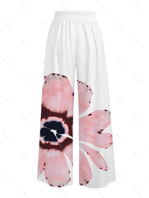 Vacation Couple Outfit Watercolor Anemone Floral Print Cinched Cropped Halter Tank Top Pocket Belt Wide Leg Pants and Shirt Set - Blanc S | US 4