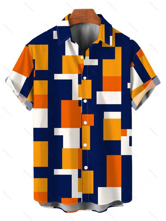 Vacation Couple Outfit Colorblock Geometric Print Spaghetti Strap A Line Mdi Dress and Shirt Set - multicolor A S | US 4