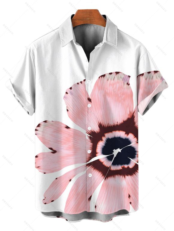Vacation Couple Outfit Watercolor Anemone Floral Print Cinched Cropped Halter Tank Top Pocket Belt Wide Leg Pants and Shirt Set - Blanc S | US 4