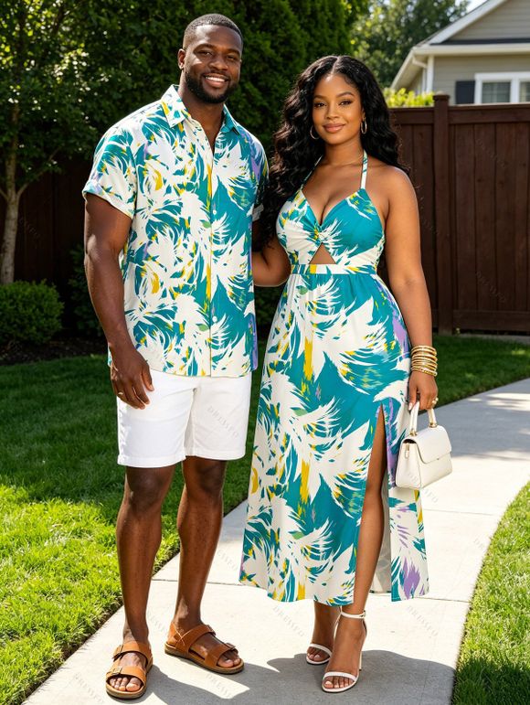 Vacation Couple Outfit Tie Dye Abstract Feather Brushstroke Print Twisted Cut Out Slit Halter Dress and Shirt Set - Turquoise Foncée S | US 4
