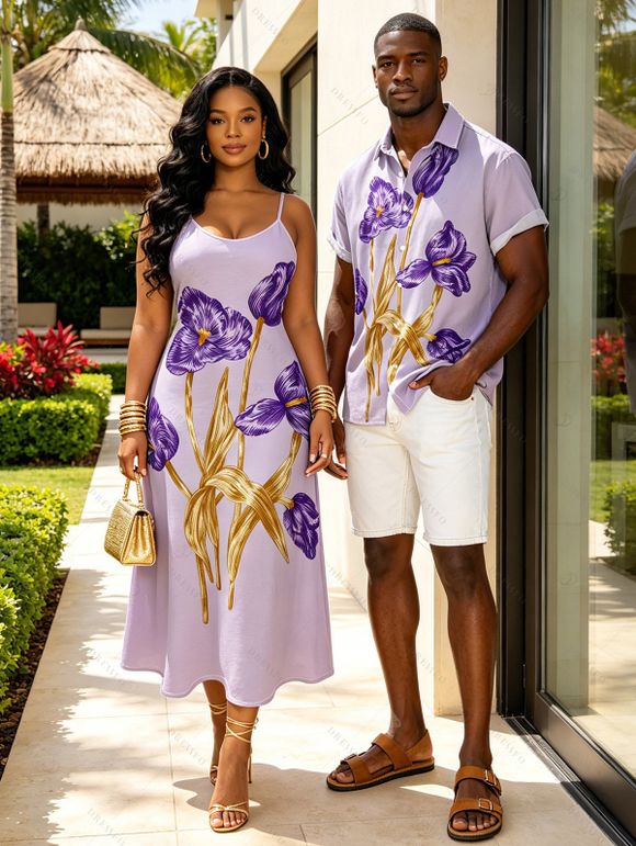 Vacation Couple Outfit Hand‑Drawn Iris Floral Print Spaghetti Strap Dress and Shirt Set - Violet clair S | US 4
