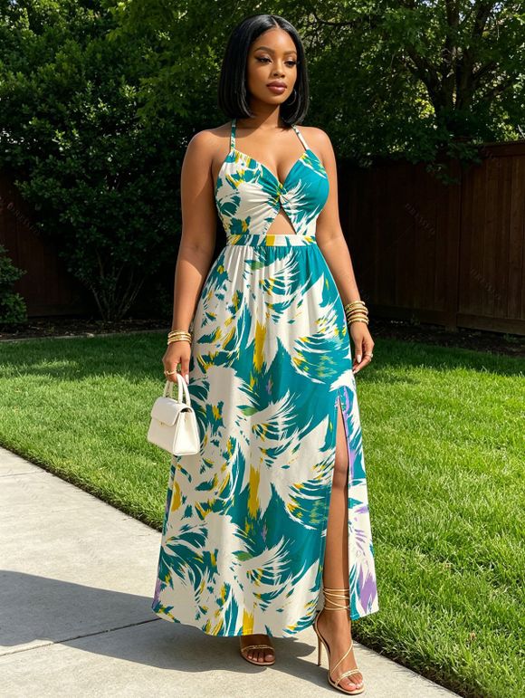Vacation Couple Outfit Tie Dye Abstract Feather Brushstroke Print Twisted Cut Out Slit Halter Dress and Shirt Set - Turquoise Foncée S | US 4