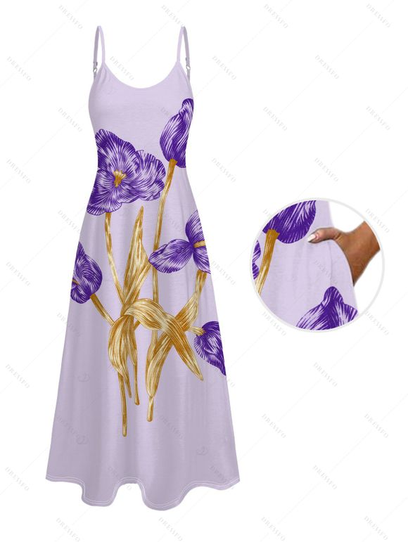 Vacation Couple Outfit Hand‑Drawn Iris Floral Print Spaghetti Strap Dress and Shirt Set - Violet clair S | US 4