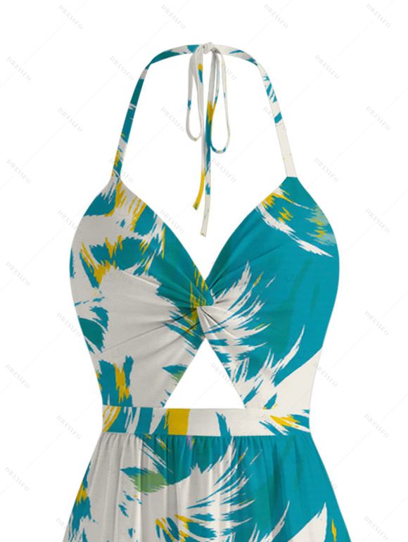 Vacation Couple Outfit Tie Dye Abstract Feather Brushstroke Print Twisted Cut Out Slit Halter Dress and Shirt Set - Turquoise Foncée S | US 4