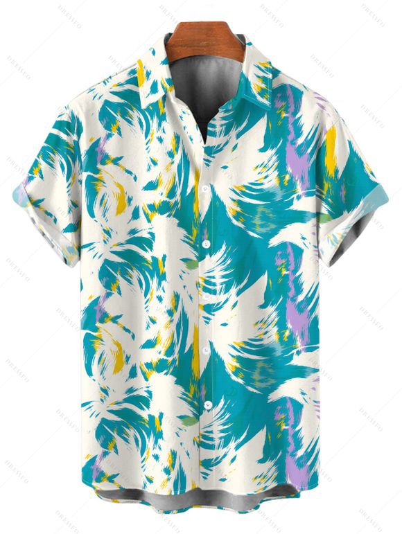 Vacation Couple Outfit Tie Dye Abstract Feather Brushstroke Print Twisted Cut Out Slit Halter Dress and Shirt Set - Turquoise Foncée S | US 4