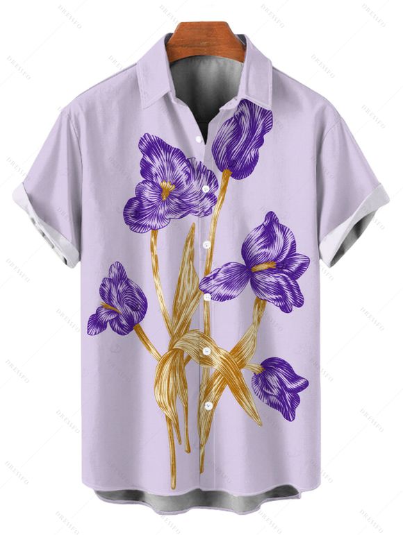 Vacation Couple Outfit Hand‑Drawn Iris Floral Print Spaghetti Strap Dress and Shirt Set - Violet clair S | US 4