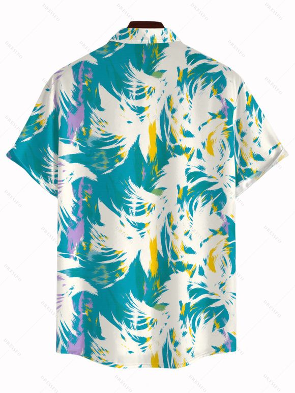 Vacation Couple Outfit Tie Dye Abstract Feather Brushstroke Print Twisted Cut Out Slit Halter Dress and Shirt Set - Turquoise Foncée S | US 4