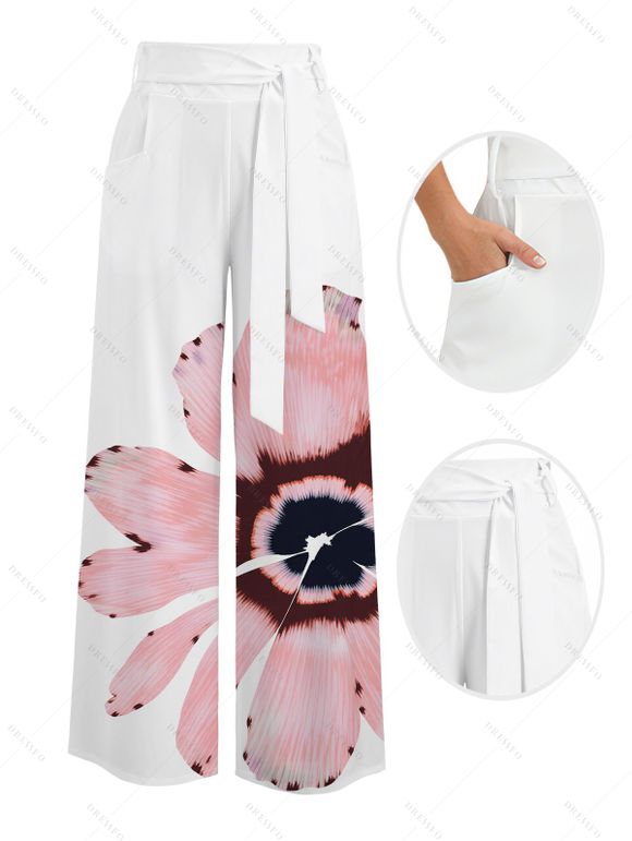 Vacation Couple Outfit Watercolor Anemone Floral Print Cinched Cropped Halter Tank Top Pocket Belt Wide Leg Pants and Shirt Set - Blanc S | US 4