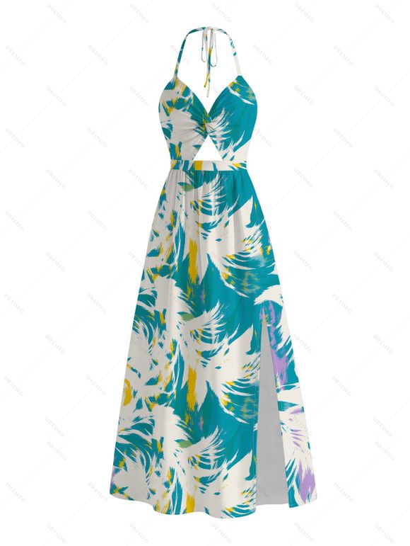 Vacation Couple Outfit Tie Dye Abstract Feather Brushstroke Print Twisted Cut Out Slit Halter Dress and Shirt Set - Turquoise Foncée S | US 4