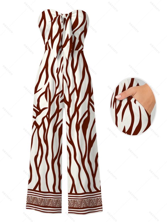 Vacation Couple Outfit Colorblock Ethnic Geometric Wavy Zebra Print Tied Pocket Off the Shoulder Jumpsuit and Shirt Set - Blanc S | US 4