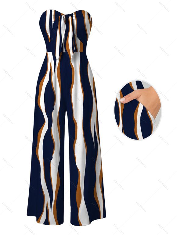 Vacation Couple Outfit Colorblock Abstract Wavy Stripe Print Tied Pocket Off the Shoulder Jumpsuit and Shirt Set - Cadetblue S | US 4