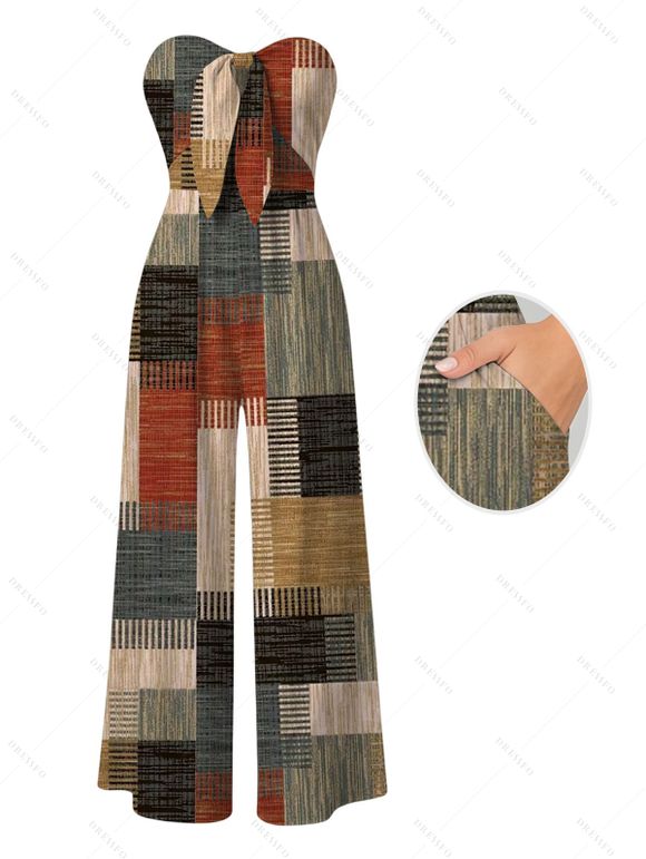 Vacation Couple Outfit Vintage Colored Plaid Print Tied Pocket Off the Shoulder Jumpsuit and Shirt Set - Brun S | US 4