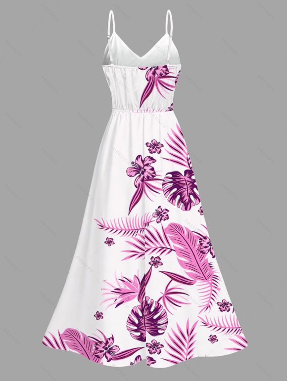 Hawaiian Vacation Dress Tropical Flower Monstera Leaf Print Lace Hollow Out Slit Dress - Rose Vif XXXXXL | US 20