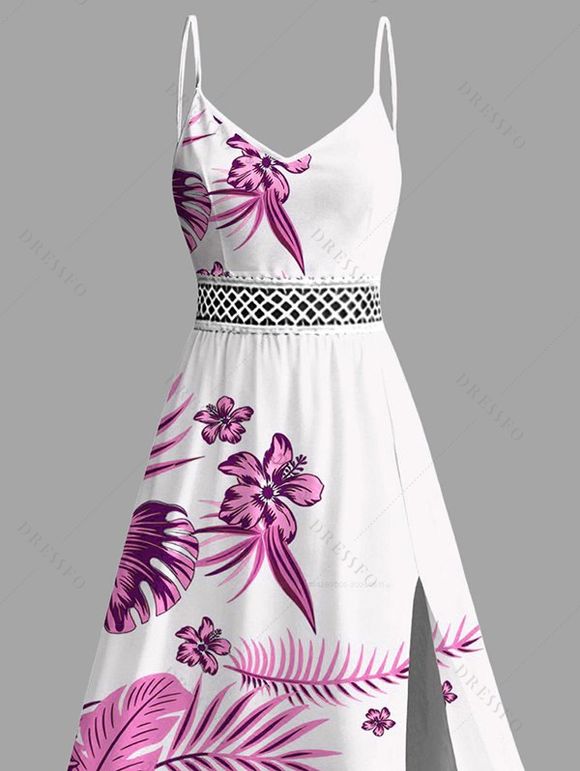 Hawaiian Vacation Dress Tropical Flower Monstera Leaf Print Lace Hollow Out Slit Dress - Rose Vif XXXXXL | US 20