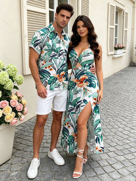 Vacation Couple Outfit Tropical Plant Floral Print Twisted Cut Out Slit Halter Dress and Shirt Set - Turquoise S | US 4