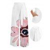 Vacation Pants Watercolor Anemone Floral Print Pocket Belt Wide Leg Pants - Blanc L | US 8-10