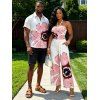 Vacation Couple Outfit Watercolor Anemone Floral Print Cinched Cropped Halter Tank Top Pocket Belt Wide Leg Pants and Shirt Set - Blanc S | US 4