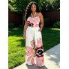 Vacation Couple Outfit Watercolor Anemone Floral Print Cinched Cropped Halter Tank Top Pocket Belt Wide Leg Pants and Shirt Set - Blanc S | US 4