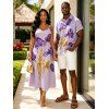 Vacation Couple Outfit Hand‑Drawn Iris Floral Print Spaghetti Strap Dress and Shirt Set - Violet clair S | US 4