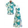 Vacation Couple Outfit Tie Dye Abstract Feather Brushstroke Print Twisted Cut Out Slit Halter Dress and Shirt Set - Turquoise Foncée S | US 4