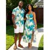 Vacation Couple Outfit Tie Dye Abstract Feather Brushstroke Print Twisted Cut Out Slit Halter Dress and Shirt Set - Turquoise Foncée S | US 4