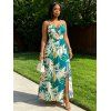 Vacation Couple Outfit Tie Dye Abstract Feather Brushstroke Print Twisted Cut Out Slit Halter Dress and Shirt Set - Turquoise Foncée S | US 4