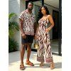 Vacation Couple Outfit Colorblock Ethnic Geometric Wavy Zebra Print Tied Pocket Off the Shoulder Jumpsuit and Shirt Set - Blanc S | US 4