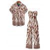 Vacation Couple Outfit Colorblock Ethnic Geometric Wavy Zebra Print Tied Pocket Off the Shoulder Jumpsuit and Shirt Set - Blanc S | US 4