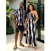 Vacation Couple Outfit Colorblock Abstract Wavy Stripe Print Tied Pocket Off the Shoulder Jumpsuit and Shirt Set - Cadetblue S | US 4