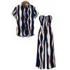 Vacation Couple Outfit Colorblock Abstract Wavy Stripe Print Tied Pocket Off the Shoulder Jumpsuit and Shirt Set - Cadetblue S | US 4