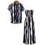 Vacation Couple Outfit Colorblock Abstract Wavy Stripe Print Tied Pocket Off the Shoulder Jumpsuit and Shirt Set - Cadetblue S | US 4