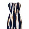 Vacation Couple Outfit Colorblock Abstract Wavy Stripe Print Tied Pocket Off the Shoulder Jumpsuit and Shirt Set - Cadetblue S | US 4