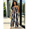 Vacation Couple Outfit Colorblock Abstract Wavy Stripe Print Tied Pocket Off the Shoulder Jumpsuit and Shirt Set - Cadetblue S | US 4