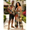 Vacation Couple Outfit Vintage Colored Plaid Print Tied Pocket Off the Shoulder Jumpsuit and Shirt Set - Brun S | US 4