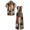 Vacation Couple Outfit Vintage Colored Plaid Print Tied Pocket Off the Shoulder Jumpsuit and Shirt Set - Brun S | US 4