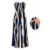 Vacation Jumpsuit Colorblock Abstract Wavy Stripe Print Tied Pocket Off the Shoulder Jumpsuit - Cadetblue XXXL | US 16