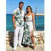 Hawaiian Vacation Couple Outfit Tropical Flower Monstera Leaf Print Lace Hollow Out Slit Dress and Shirt Set - Vert S | US 4