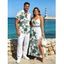 Hawaiian Vacation Couple Outfit Tropical Flower Monstera Leaf Print Lace Hollow Out Slit Dress and Shirt Set - Vert S | US 4